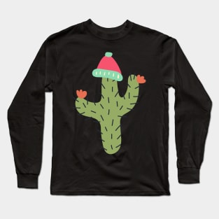 Winter Cactus Wearing Beanie Hat Long Sleeve T-Shirt